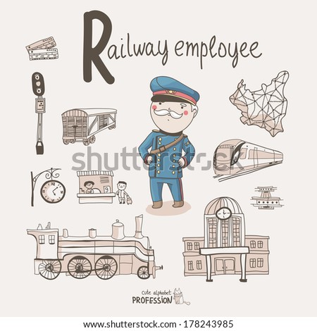 Cute vector alphabet Profession Letter R Railway Employee Cute vector alphabet Profession Letter R Railway Employee