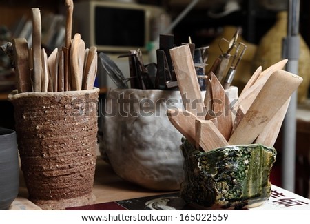 Pottery making tools/The tools of the trade/Traditional pottery making tools from inside a Japanese pottery master\'s studio.