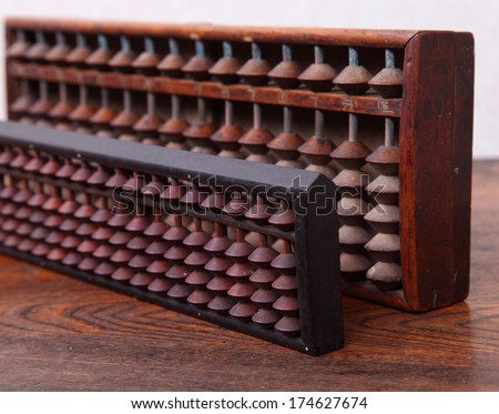 Two antique Japanese abacus/Abacus/Two antique Japanese abacus on a wooden table.