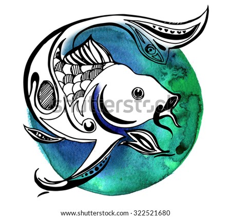 Line fish in watercolor circle, graphic koi carp on isolated background