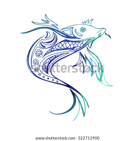 Line fish watercolor sketch, koi carp