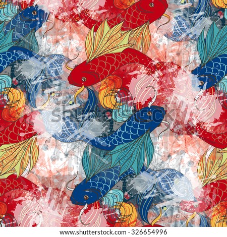 Cute fish koi carp pattern, watercolor imitation.