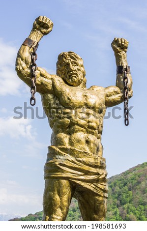 SOCHI, RUSSIA -Ã?Ã? APRIL 19, 2014: Statue of Unbound Prometheus with Broken Chain  on the Eagle Rocks in the Caucasus