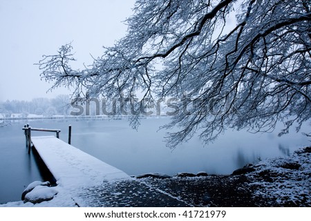 Winter landscape with snow covered tree and pier. Lake covered with thin ice. Switzerland