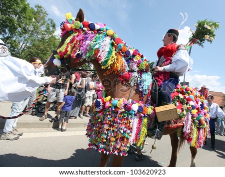 VLCNOV, CZECH REPUBLIC, MAY 27: Horseman from king's company during celebration Ride of kings on May 27, 2012, Vlcnov, Czech rep. Celebration is on UNESCO list of Intangible Cultural Heritage.
