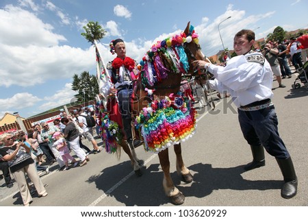 VLCNOV, CZECH REPUBLIC, MAY 27: Horseman from king\'s company during celebration Ride of kings on May 27, 2012, Vlcnov, Czech rep. Celebration is on UNESCO list of Intangible Cultural Heritage.