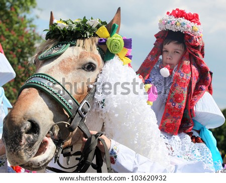 VLCNOV, CZECH REPUBLIC, MAY 27: Horseman from king\'s company during celebration Ride of kings on May 27, 2012, Vlcnov, Czech rep. Celebration is on UNESCO list of Intangible Cultural Heritage.