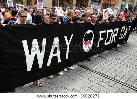 BRNO, CZECH REPUBLIC - JUNE 26: Right-wing extremists came to protest a meeting of gay Queer Parade 2010 on JUNE 26, 2010 in Brno, Czech republic.
