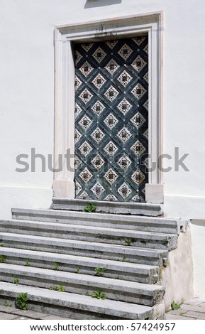 Heavy armored door on church in Vranov near Brno, Czech Republic