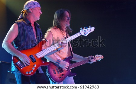 BRNO,CZECH REP-FEB 22:Steve Morse(R) and Rodger Glover(L) from Deep Purple at the hall Rondo February 22,2006 in Brno,Czech Republic.The group arrived as part of tour for album Rapture Of The Deep.