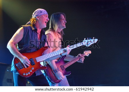 BRNO,CZECH REP-FEB 22:Steve Morse(R) and Rodger Glover(L) from Deep Purple at the hall Rondo February 22,2006 in Brno,Czech Republic.The group arrived as part of tour for album Rapture Of The Deep.