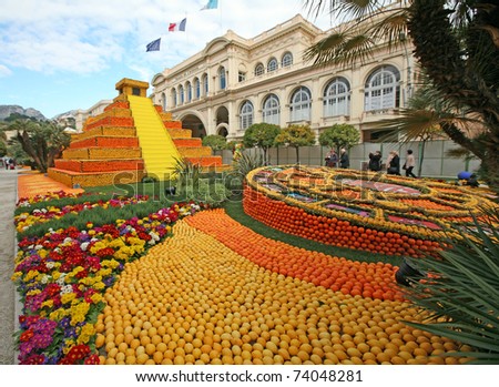 stock photo MENTON FRANCE MARCH 11 Statue made of oranges and lemons