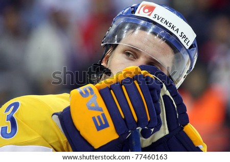 BRATISLAVA, SLOVAKIA - MAY 15: Swedish ice hockey players  lost the gold medal game of World Cup with Finnish team 6-1 on May 15, 2011 in Bratislava, Slovakia.