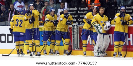 BRATISLAVA, SLOVAKIA - MAY 15: Swedish ice hockey players  lost the gold medal game of World Cup with Finnish team 6-1 on May 15, 2011 in Bratislava, Slovakia.