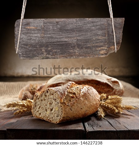 fresh bread on table and banner