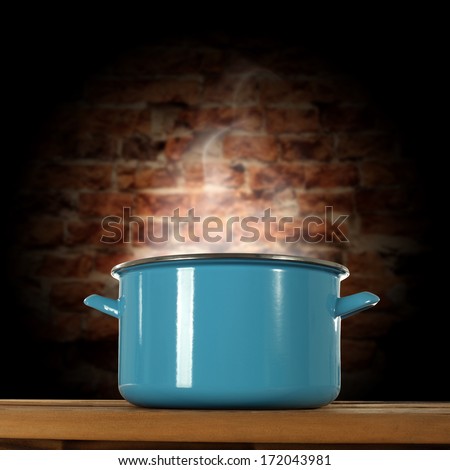 brick wall in kitchen and empty warm pot