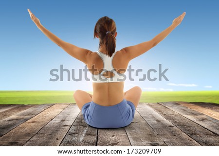 yoga on wooden floor and spring time