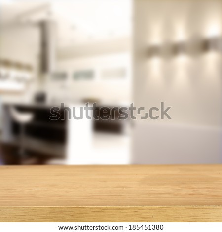 yellow desk of free space and kitchen background