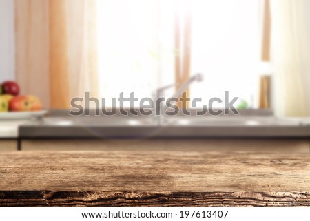 morning kitchen window and wooden desk of brown