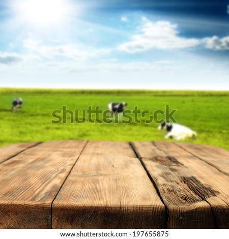 wooden desk and landscape with sun sky and cows