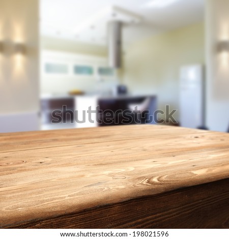 wooden dirty table and kitchen