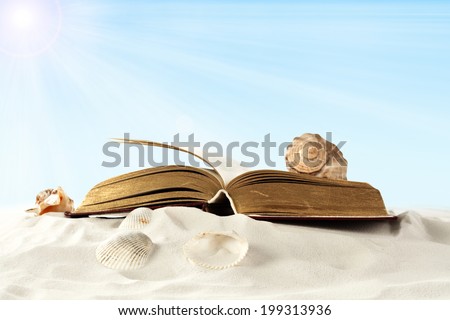 summer book with big shell and blue sky