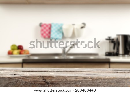 gray desk of wood and kitchen with napkin