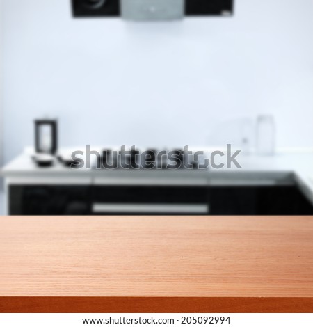 red desk and kitchen of blue