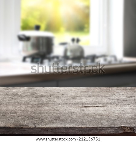 gray desk of wood and kitchen