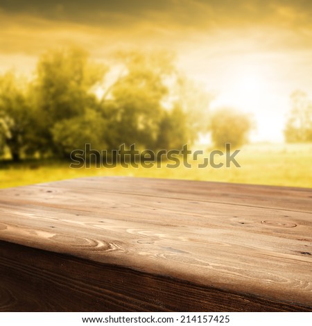 desk of wood sunny day and autumn time