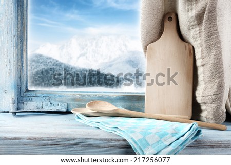 winter window sill and desk of wood