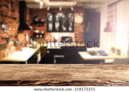 brown old desk in kitchen place and blurred