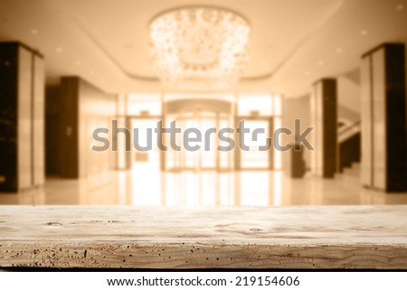 wooden desk and interior of hotel lobby place