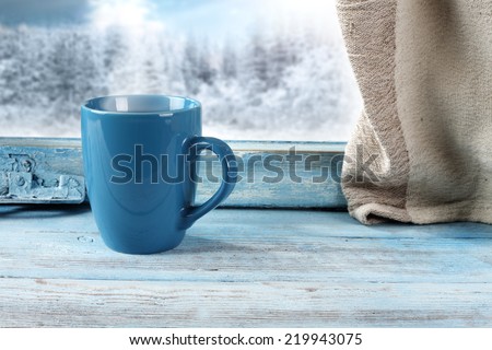 window sill and blue mug space