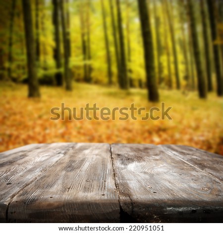 autumn background with dark brown table and forest decoration