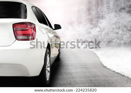 render of white sport car without a trade brand and winter trip