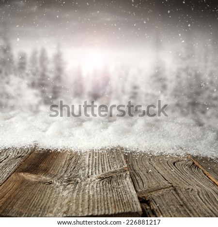 texture of wooden table of snow and forest of snow
