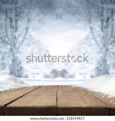 blue landscape of winter and table with white snow