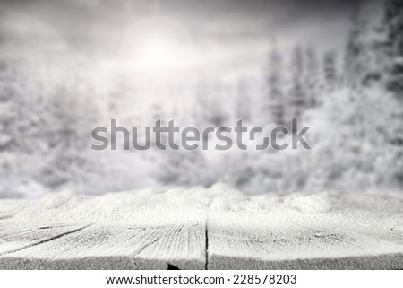 landscape space and winter snow on wooden old table