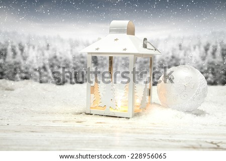 desk of snow and lamp with white ball