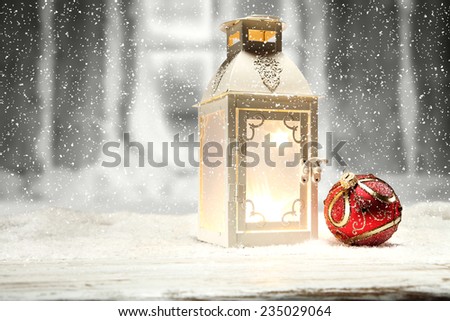 holiday winter photo of window background and vintage lamp