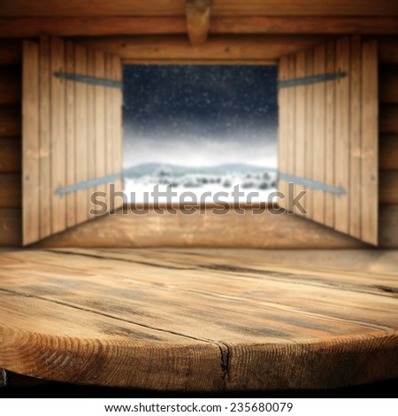 holiday background of wooden window in wooden wall and wooden top
