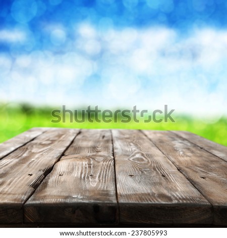 spring landscape of sky and green grass and worn table