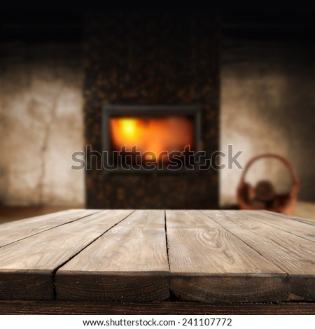 dark retro interior with fireplace and table