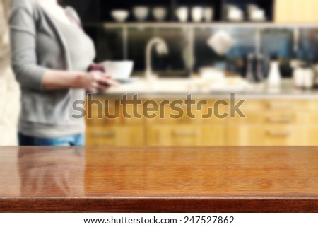 brown desk space and kitchen interior with coffee