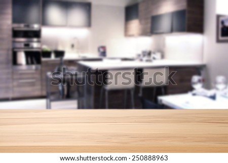 free space on wooden yellow desk in kitchen
