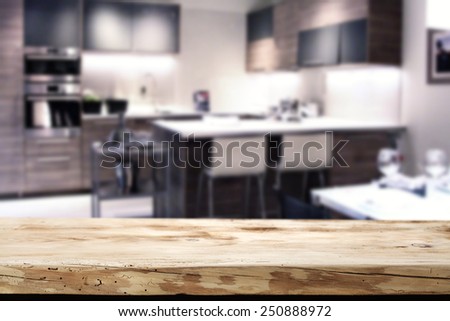 worn desk space and kitchen