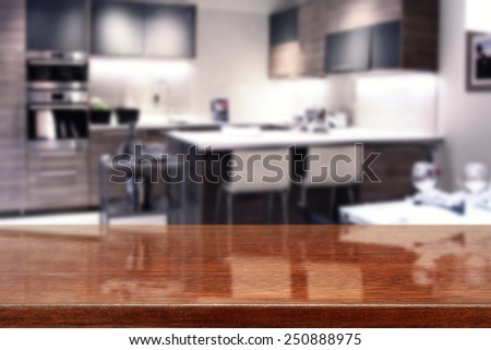 brown desk and kitchen