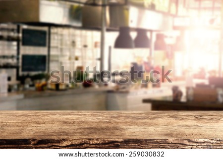 interior of kitchen in restaurant and brown retro desk space of wood