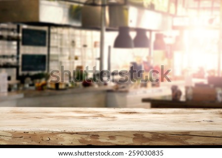 interior of kitchen in restaurant and desk of retro wood